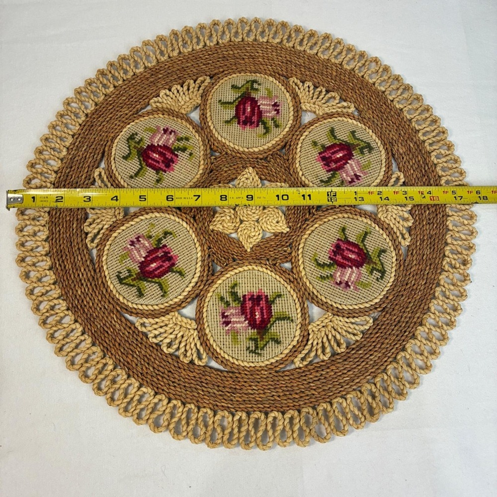 Vintage Rattan Needlepoint Center Placemat Roses Table Handmade Cottagecore Boho - Picture 4 of 5